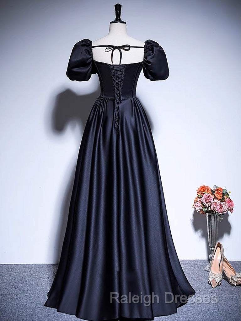 A-Line Satin Puff Sleeves Black Long Prom Dress, Black Long Evening Dress Secondary image