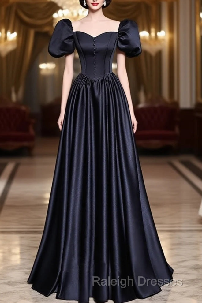 A-Line Satin Puff Sleeves Black Long Prom Dress, Black Long Evening Dress Main image