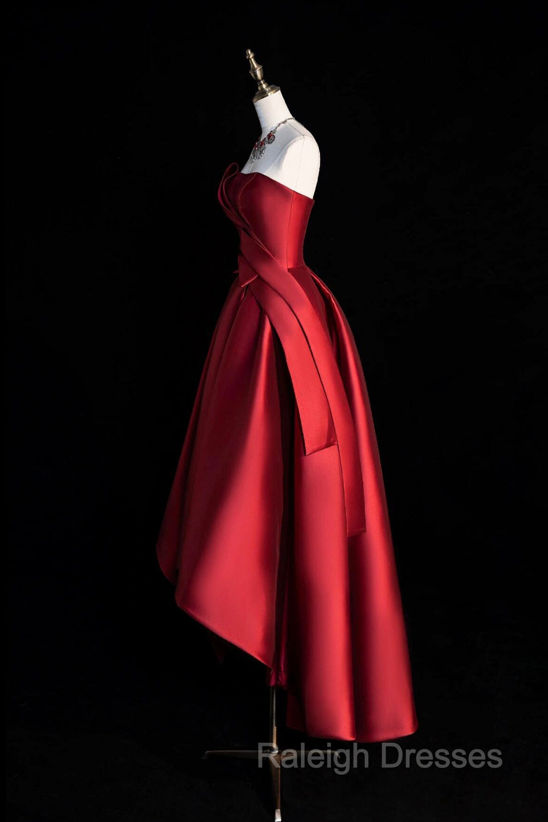 A-Line Satin Short Prom Dress, Burgundy Strapless High Low Party Dress Secondary image