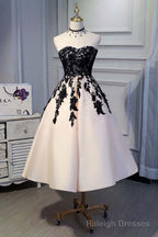 A Line Satin Short Prom Dresses,Homecoming Dress with Black Lace