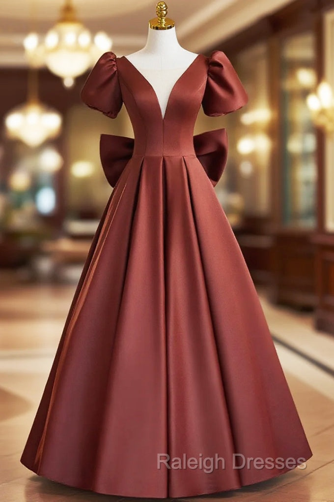 A-line Satin Short Sleeves Long Prom Dress, Satin Simple Evening Dress Main image