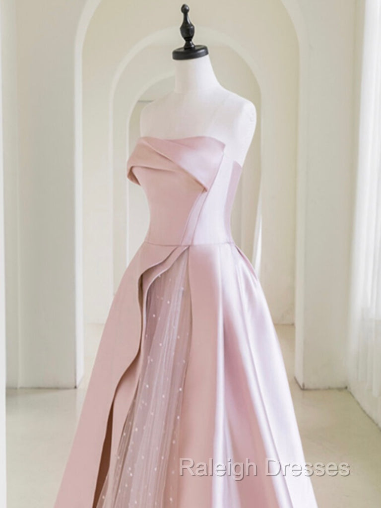 A Line Satin Tulle Pink Long Prom Dress, Pink Long Formal Dress