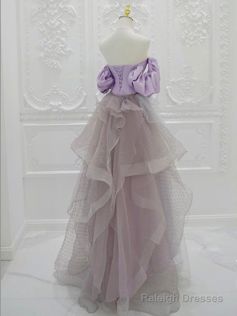 A-Line Satin Tulle Purple Long Prom Dress, Tulle Purple Long Formal Dress