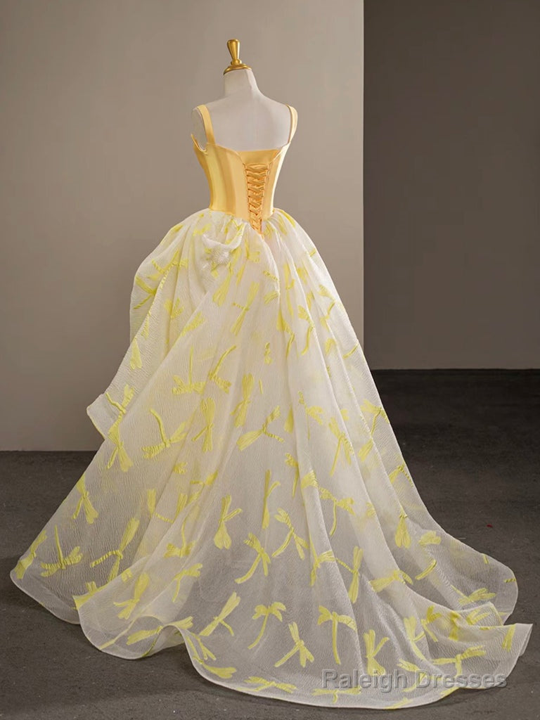 A-Line Satin Tulle Yellow Long Prom Dress, Yellow Graduation Dress Secondary image