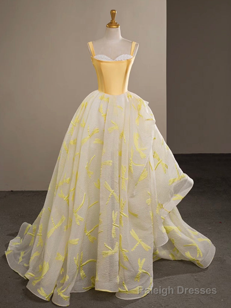 A-Line Satin Tulle Yellow Long Prom Dress, Yellow Graduation Dress Main image