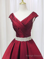 A-Line Satin V Neck Burgundy Long Prom Dress, Burgundy Formal Dresses