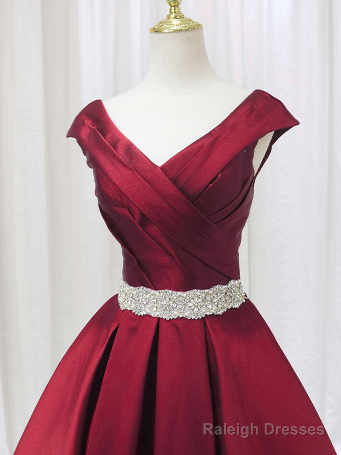 A-Line Satin V Neck Burgundy Long Prom Dress, Burgundy Formal Dresses