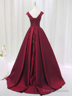 A-Line Satin V Neck Burgundy Long Prom Dress, Burgundy Formal Dresses