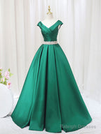 A-Line Satin V Neck Burgundy Long Prom Dress, Burgundy Formal Dresses