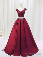 A-Line Satin V Neck Burgundy Long Prom Dress, Burgundy Formal Dresses