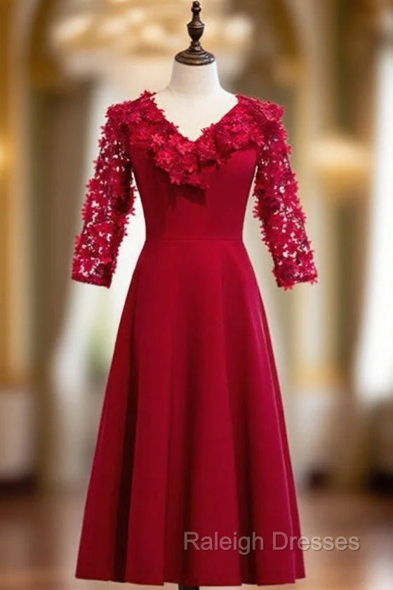 A Line Satin V Neck Short Sleeve Flower Prom Dresses