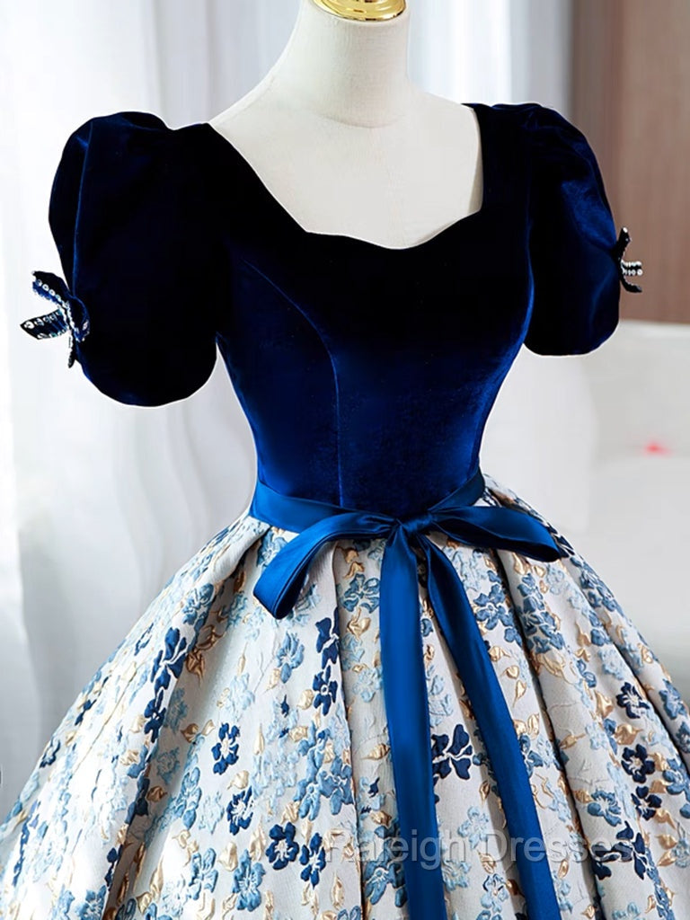 A Line Satin Velvet Blue Long Prom Dress, Blue Long Formal Dress