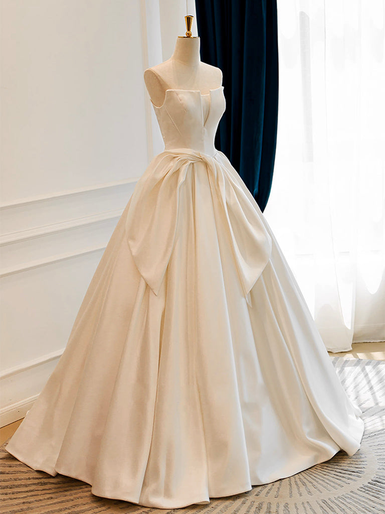 A-Line Satin White Long Formal Prom Dress, White Long Formal Dress