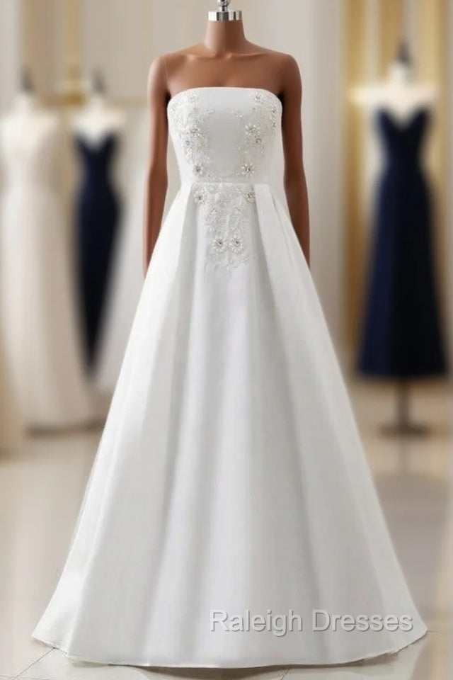 A-Line Satin White Strapless Appliques Beading Floor Length Wedding Dress