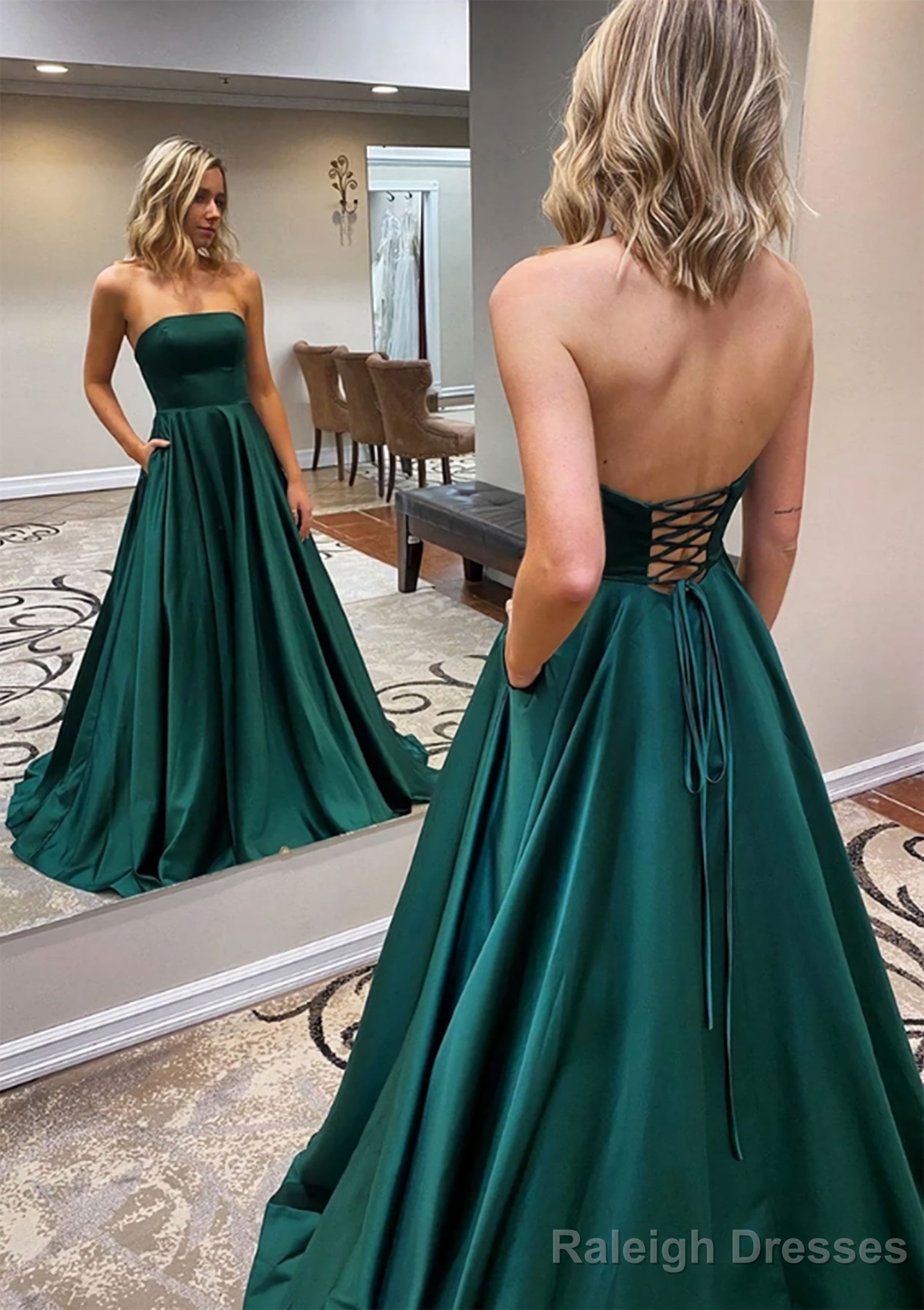 A Line Scalloped Neck Sweep Train Satin Prom Dress With Pockets Main image
