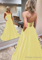 A-line Scalloped Neck Sweep Train Satin Prom Dresses With Pockets