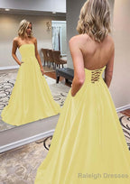 A Line Scalloped Neck Sweep Train Satin Prom Dress With Pockets