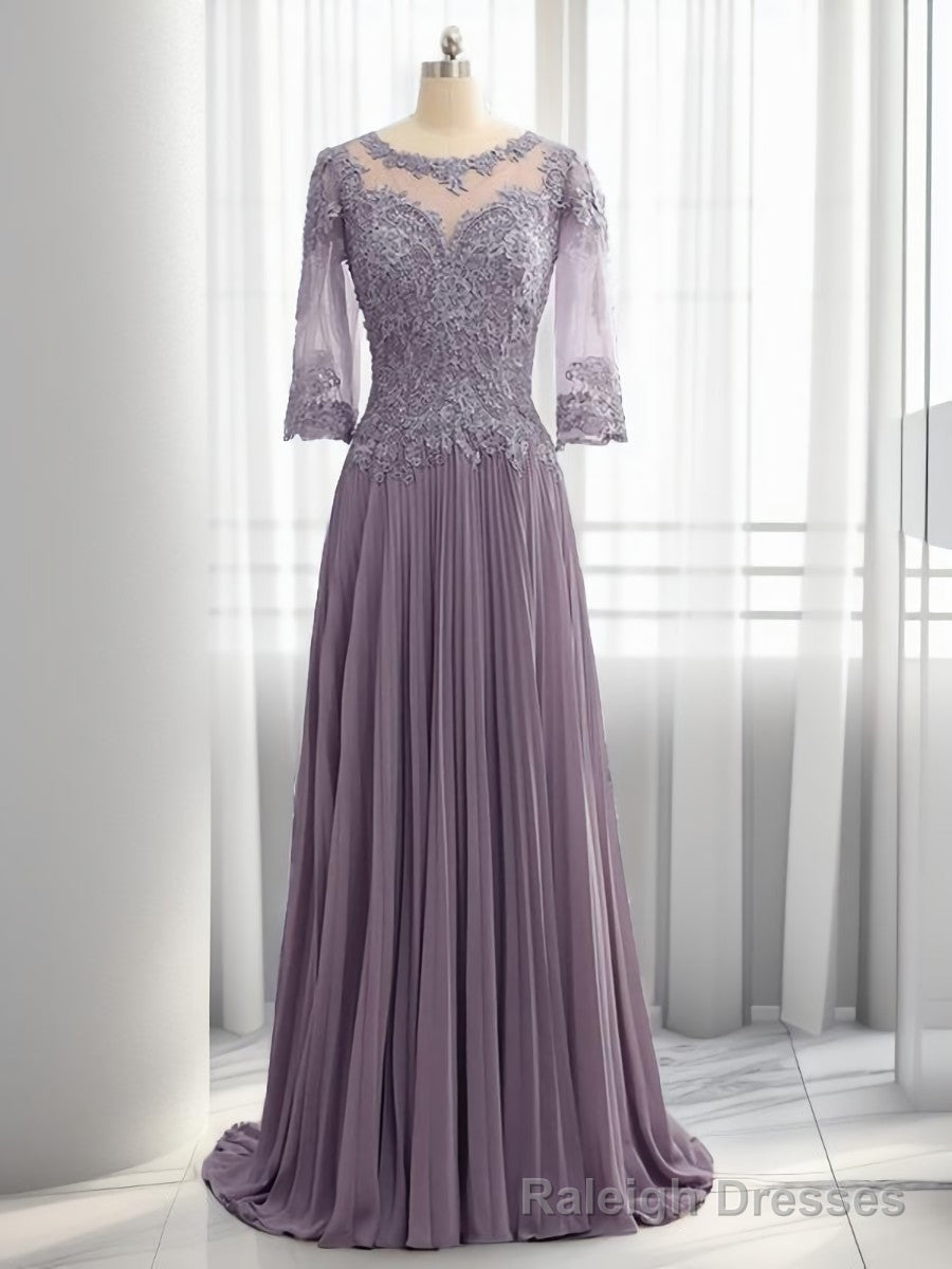 A-line Scoop 3/4 Sleeves Appliques Lace Sweep Train Chiffon Mother of the Bride Dress Main image