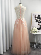 A Line Scoop Appliques Lace Floor Length Tulle Dress