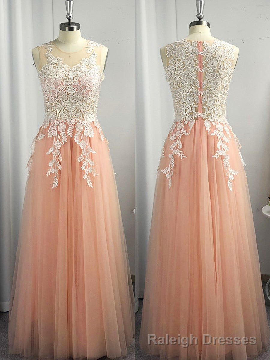 A-line Scoop Appliques Lace Floor-Length Tulle Dress