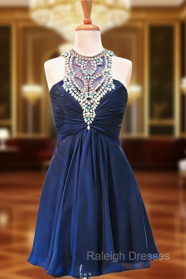 A-line Scoop Beaded Crystals Navy Blue Chiffon Short Homecoming Dress