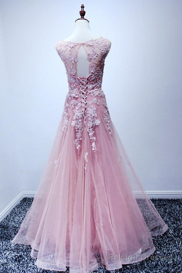 A-Line Scoop Floor-Length Pink Tulle Open Back Prom Dress With Appliques Secondary image
