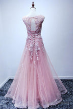 A-Line Scoop Floor-Length Pink Tulle Open Back Prom Dress With Appliques
