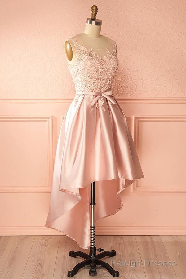 A-Line Scoop High Low Pink Satin Homecoming Dress With Appliques