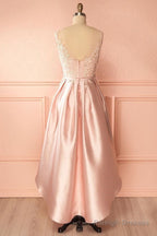 A-Line Scoop High Low Pink Satin Homecoming Dresses With Appliques