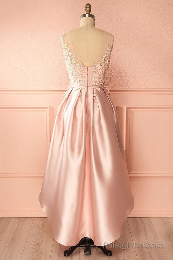 A-Line Scoop High Low Pink Satin Homecoming Dresses With Appliques