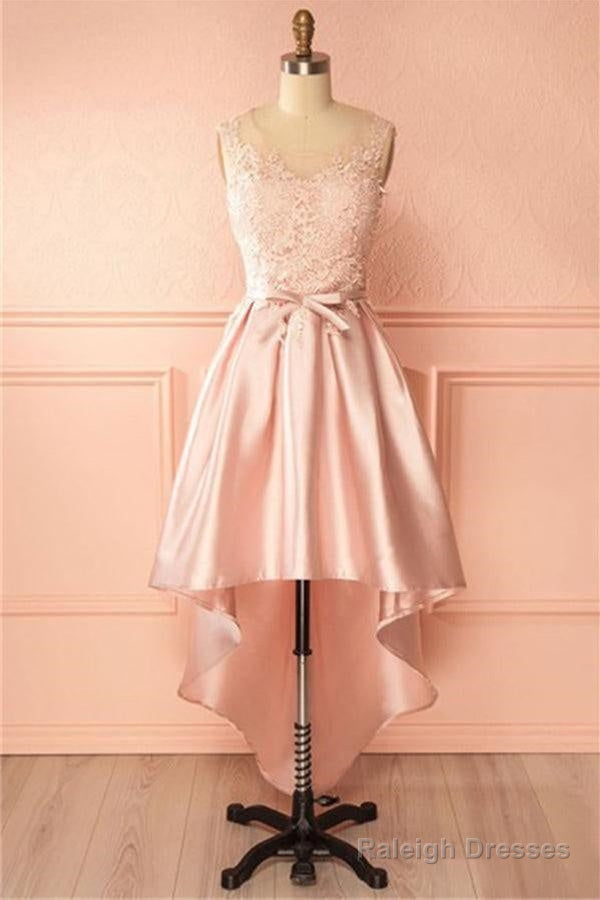 A-Line Scoop High Low Pink Satin Homecoming Dress With Appliques
