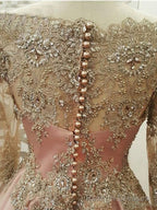 A Line Scoop Long Sleeves Appliques Lace Floor Length Tulle Dress