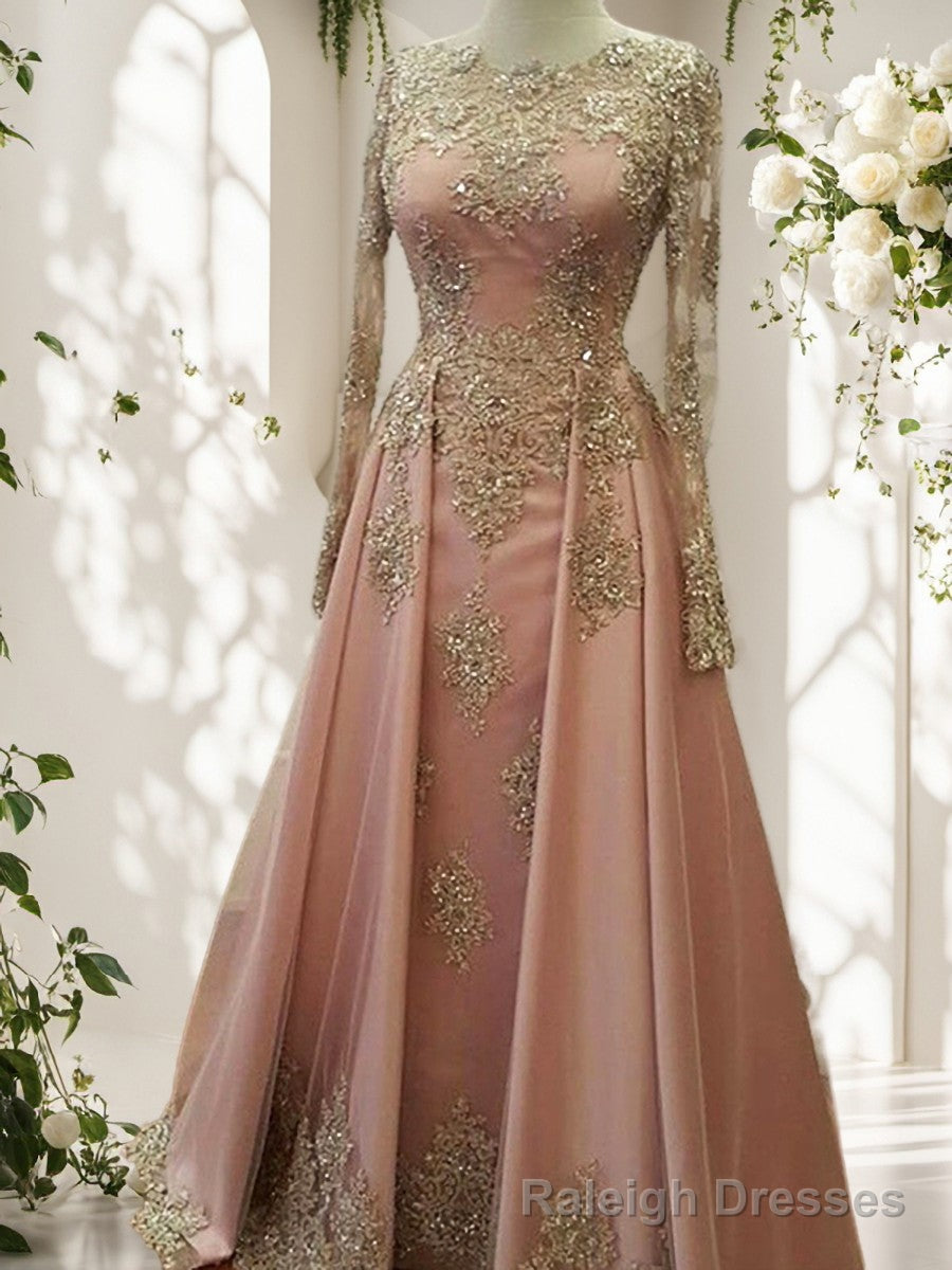 A Line Scoop Long Sleeves Appliques Lace Floor Length Tulle Dress Main image