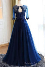 A Line Scoop Neck Dark Blue Long Prom Dresses With Sleeves