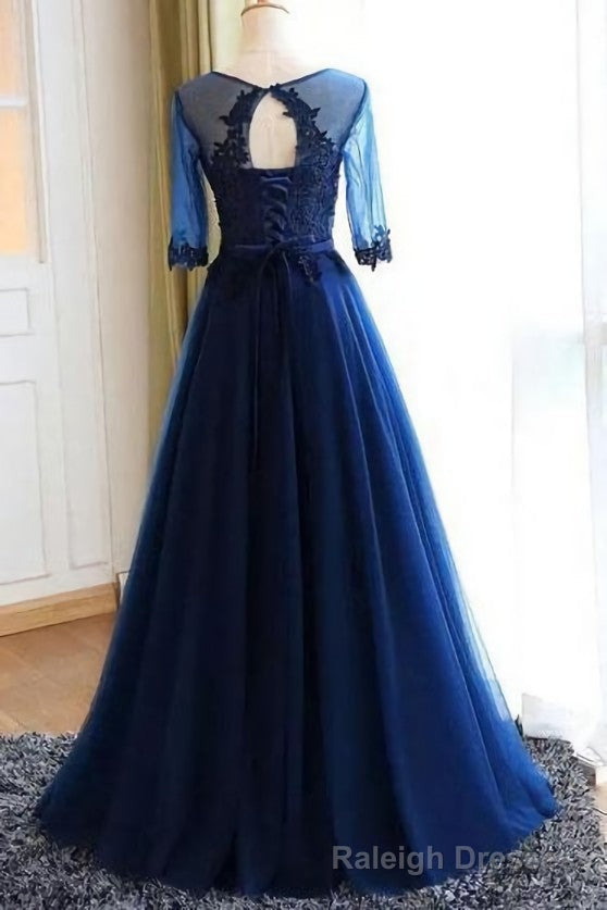 A Line Scoop Neck Dark Blue Long Prom Dresses With Sleeves