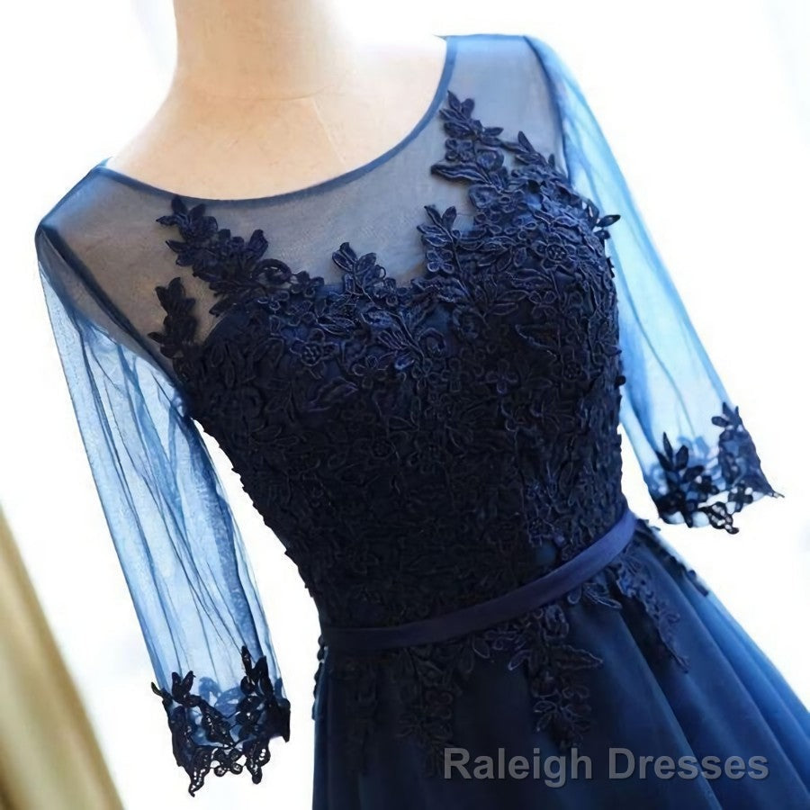 A Line Scoop Neck Dark Blue Long Prom Dresses With Sleeves