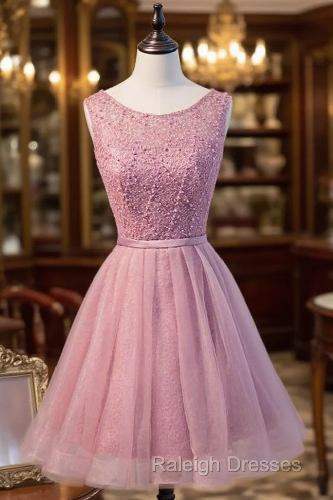 A-Line Scoop Neck Short Tulle Homecoming Dresses With Beading Main image