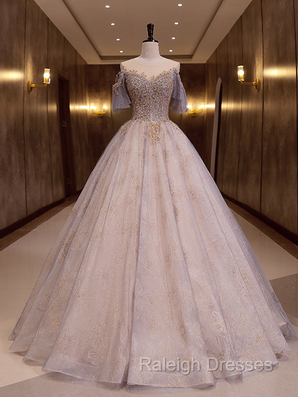 A-Line Scoop Neckline Gray Blue Long Prom Dress, Tulle Lace Long Evening Dresses Secondary image