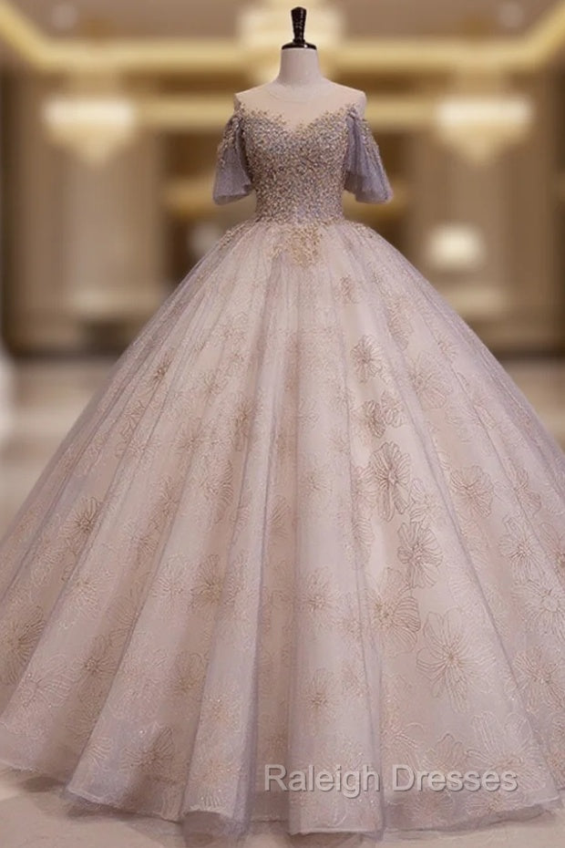 A-Line Scoop Neckline Gray Blue Long Prom Dresses Tulle Lace Long Prom Dress Main image