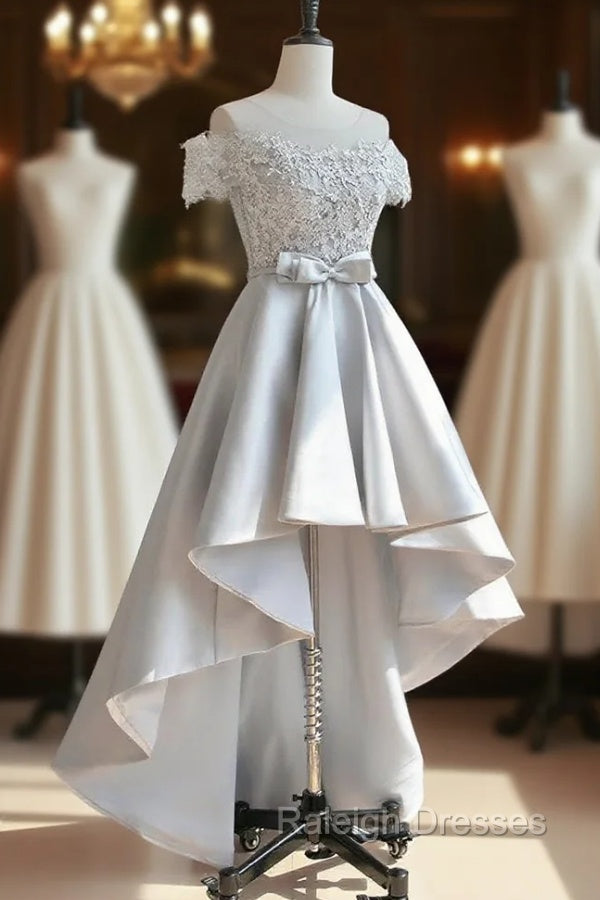 A-Line Scoop Neckline Lace Gray Prom Dress, High Low Style Satin Formal Dresses Secondary image