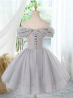 A-Line Scoop Neckline Off Shoulder Tulle Gray Short Prom Dresses With Lace Beads