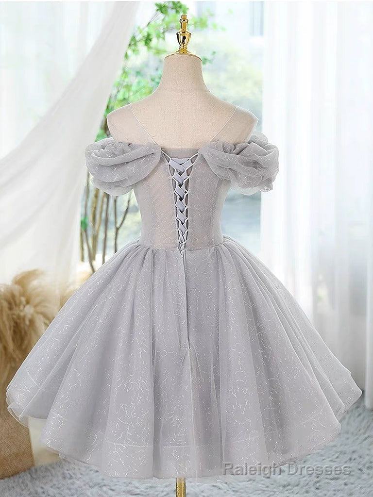 A-Line Scoop Neckline Off Shoulder Tulle Gray Short Prom Dresses With Lace Beads