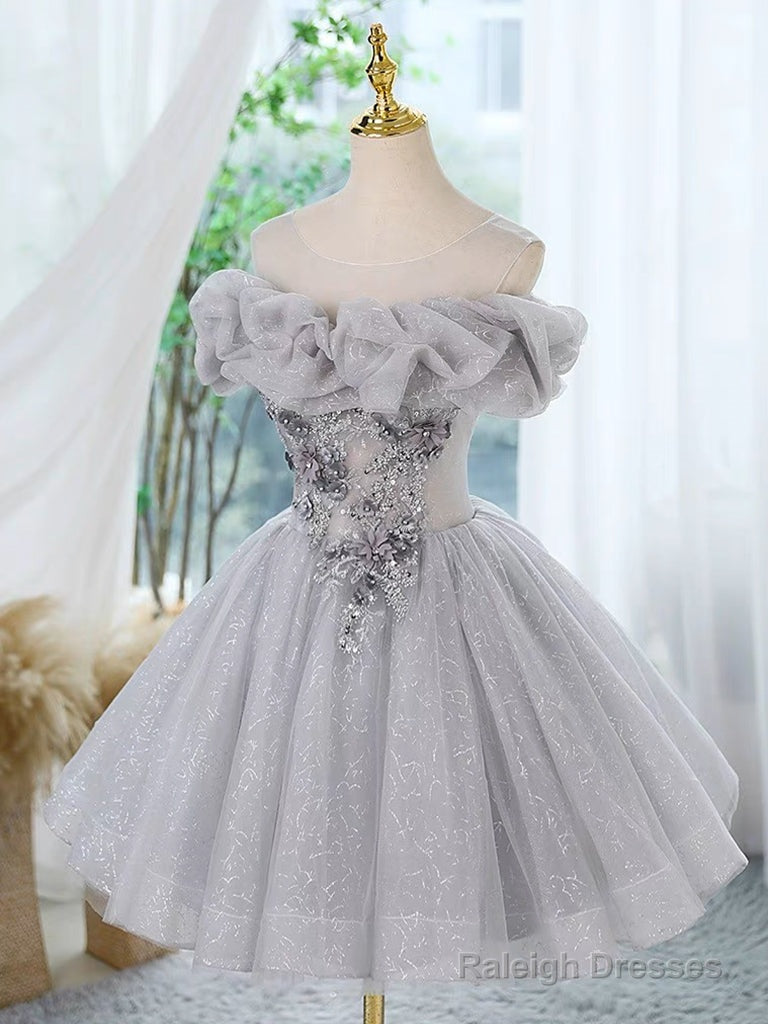 A-Line Scoop Neckline Off Shoulder Tulle Gray Short Prom Dress With Lace Beads