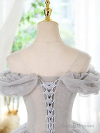 A-Line Scoop Neckline Off Shoulder Tulle Gray Short Prom Dresses With Lace Beads