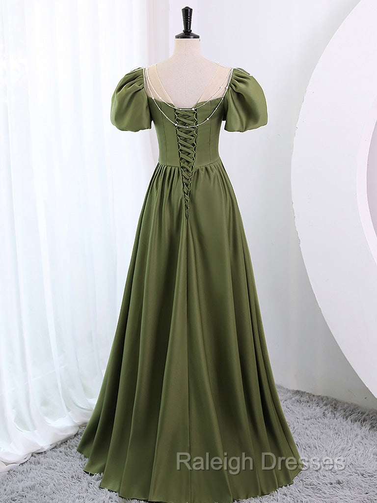 A Line Scoop Neckline Puff Sleeves Satin Long Green Prom Dresses Green Prom Dresses