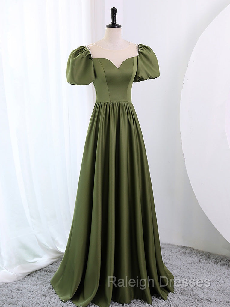 A-Line Scoop Neckline Puff Sleeves Satin Long Green Prom Dress, Green Formal Dress Secondary image
