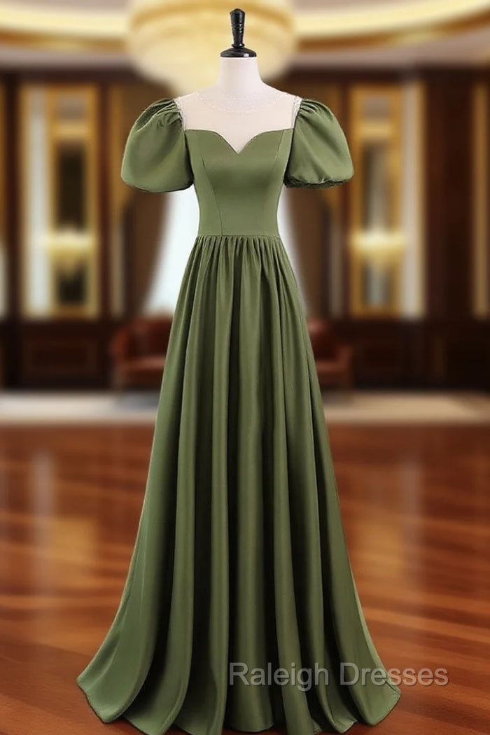 A-Line Scoop Neckline Puff Sleeves Satin Long Green Prom Dress, Green Formal Dress Main image