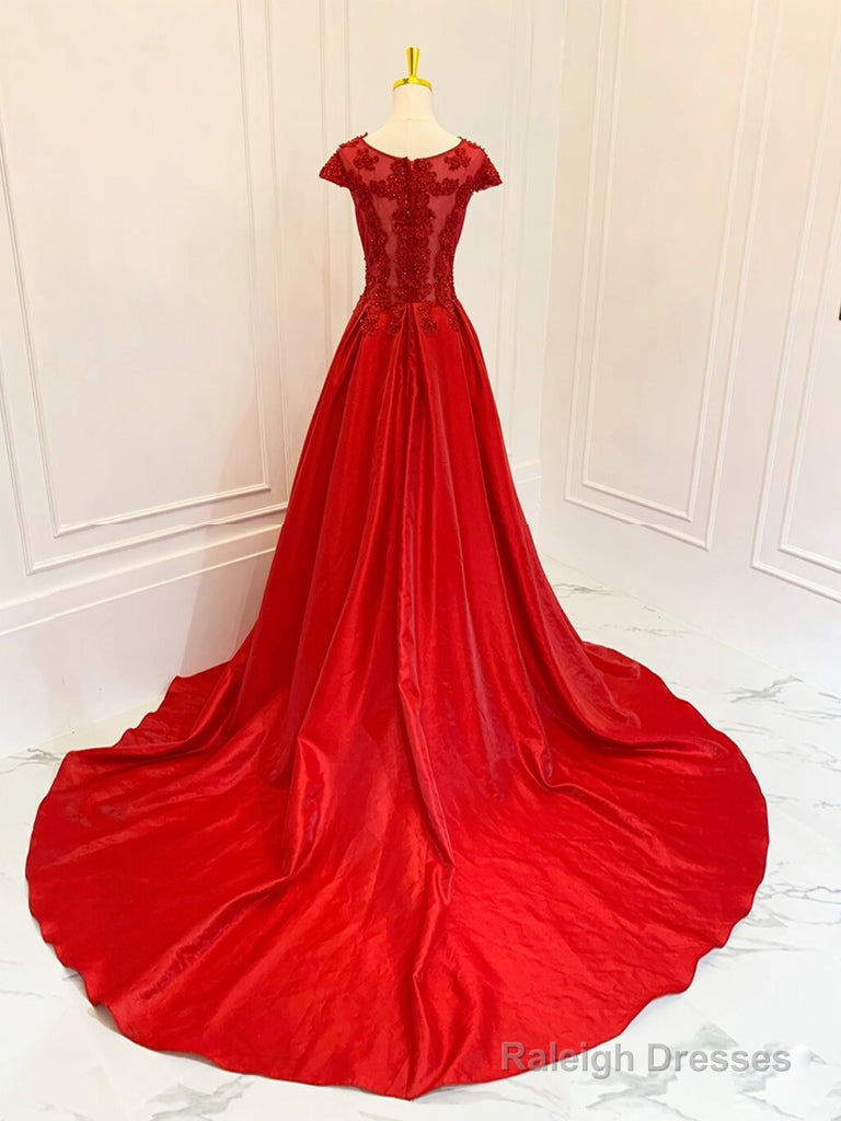 A-Line Scoop Neckline Satin Lace Burgundy Prom Dresses Long Prom Dresses Short Sleeves December Wedding Guest Dresses
