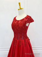 A-Line Scoop Neckline Satin Lace Burgundy Prom Dresses Long Prom Dresses Short Sleeves December Wedding Guest Dresses