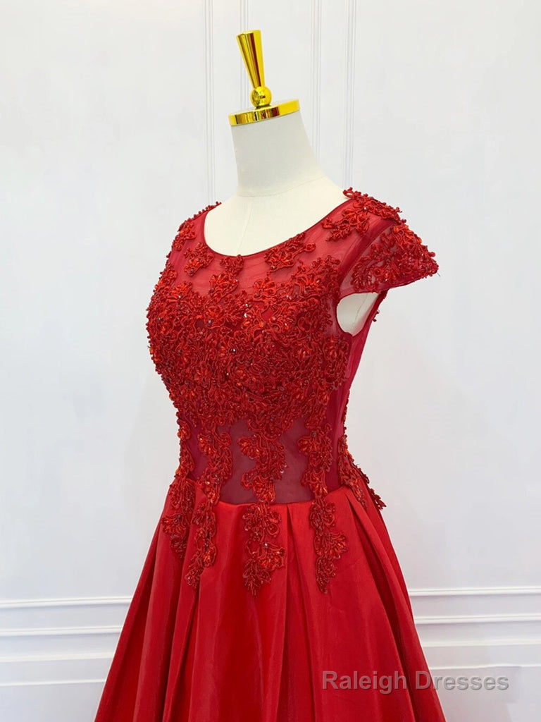 A-Line Scoop Neckline Satin Lace Burgundy Prom Dresses Long Prom Dresses Short Sleeves December Wedding Guest Dresses